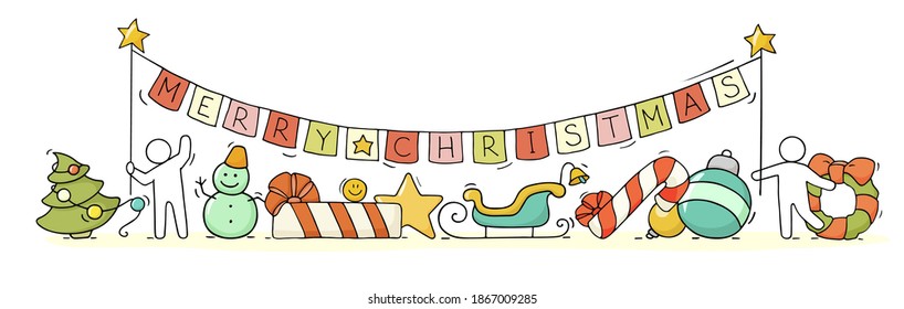 Merry Christmas concept. Cartoon doodle illustration with liitle people prepare to celebration. Hand drawn vector for holiday design.