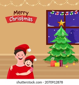 Merry Christmas Concept With Cheerful Girl Hugging Her Father, Decorative Xmas Tree And Lighting Garland On Brown Background.