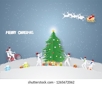 Merry Christmas concept with Couple riding a red bike ,Children are running,playing and Santa Claus on the sky in winter season,illustration and vector paper art 