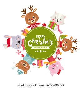 Merry Christmas concept with cute animals. Vector frame with animals character. Deer, cat, rabbit, bear, pig in a warm clothes. Creative design for invitation and party. Place for your text. 