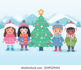 Merry Christmas concept. Cute and friendly multinational children holding hands and Christmas tree under snow. Poster, Banner, Flyer, Greeting Card. Vector illustration in flat cartoon style