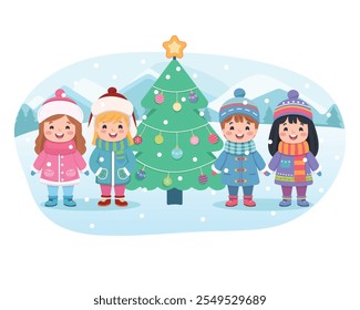 Merry Christmas concept. Cute and friendly multinational children holding hands and Christmas tree on white background. Poster, Banner, Flyer, Greeting Card. Vector illustration in flat cartoon style