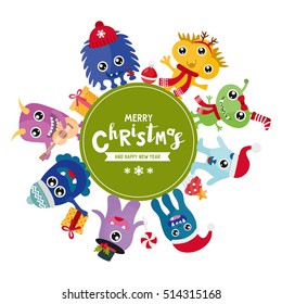 Merry Christmas concept with cute monsters. Vector frame with a monster character in holiday costumes. Creative design for invitation and party. Place for your text.