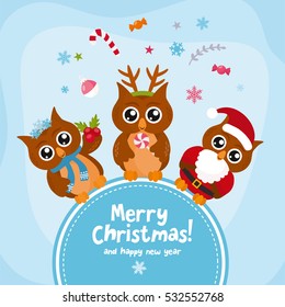 Merry Christmas concept with cute owls. Vector frame with owls character. Creative design for invitation and party. Place for your text.