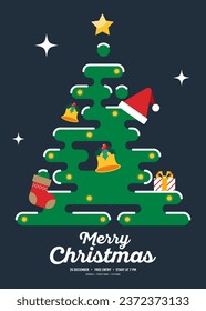 Merry Christmas concept decorative with geometric tree flat design style. Design element can be used for greeting card, postcard, backdrop, brochure, publication, vector illustration
