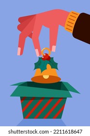 Merry Christmas concept decorative with people lifting golden bell from gift box. Design element can be used for greeting card, postcard, backdrop, brochure, publication, vector illustration