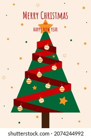 Merry Christmas concept decorative with ribbon wrap around pine tree. Design element can be used for greeting card, postcard, backdrop, brochure, publication, vector illustration