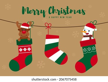 Merry Christmas concept decorative with snowman and reindeer in socks flat design style. Design element can be used for greeting card, postcard, backdrop, brochure, publication, vector illustration