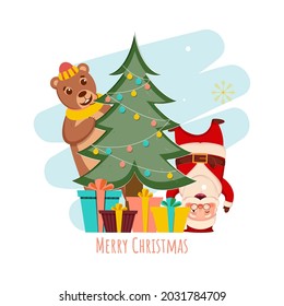 Merry Christmas Concept With Decorative Xmas Tree, Cartoon Bear, Santa Claus And Gift Boxes On White Background.