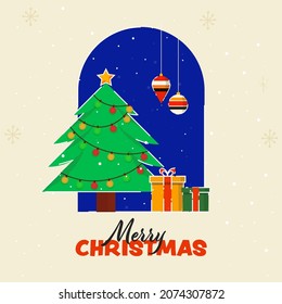 Merry Christmas Concept With Decorative Xmas Tree, Baubles Hang, Gift Boxes On Blue And Beige Snowfall Background.