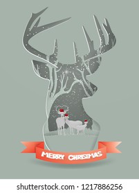 Merry Christmas concept with Deer family in forest with snow in the winter season,Paper art and Illustration