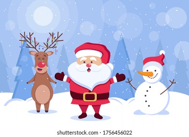 Merry christmas concept. Deer, santa claus and snowman on winter landscape. 