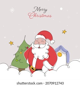 Merry Christmas Concept With Doodle Style Cute Santa Claus, Home And Xmas Tree On Beige Background.