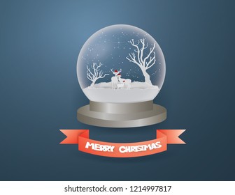 Merry Christmas concept with family deer live in Snow globe  on  winter season  background,paper craft style and illustration