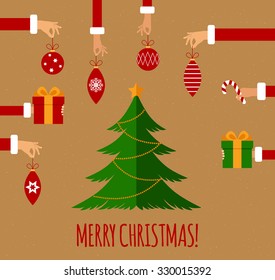  Merry christmas concept in flat style. Hands of the people holding Christmas symbols, among them ball, Christmas tree, Santa hat, gift, Christmas wreath. Vector illustration