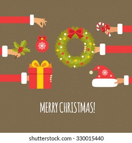  Merry christmas concept in flat style. Hands of the people holding Christmas symbols, among them ball, Christmas tree, Santa hat, gift, Christmas wreath. Vector illustration