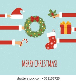  Merry christmas concept in flat style. Hands of the people holding Christmas symbols, among them ball, Christmas tree, Santa hat, gift, Christmas wreath. Vector illustration