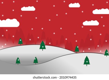 Merry Christmas Concept. Green Xmas Tree, White Snowflake, clouds and snowy hills on Red Background. Copy Space. Design for wallpaper,backdrop,web page, Banner, Card,Poster,header.vector illustration