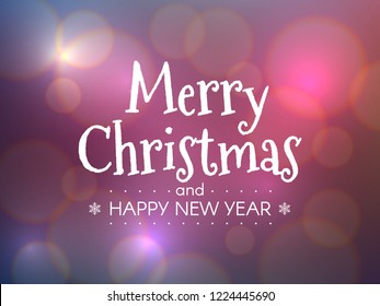 Merry Christmas concept. Happy New Year inscription with color bokeh background. Bright Xmas title with defocused backdrop. Greeting card template. Modern design with blurred lights. Vector