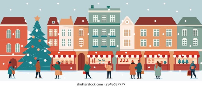 
Merry Christmas concept. Happy people walking on Christmas market streets in old town and shopping holiday gifts in souvenir kiosks. Vector illustration