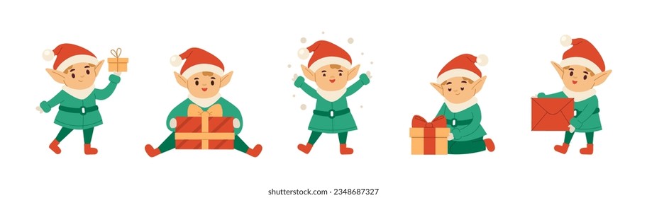 
Merry Christmas concept illustration. Collections of Christmas elf character holding and packing holiday gifts. Santa Claus helper. Vector illustrations set
