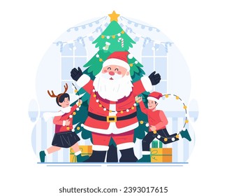 Merry Christmas Concept Illustration Featuring Two Joyful Children and Santa Claus With a Christmas Tree