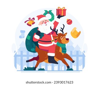 Merry Christmas Concept Illustration Featuring Happy Santa Claus Riding on a Reindeer, Carrying a Sack of Gifts