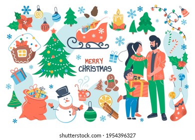 Merry Christmas concept isolated elements set. Bundle of family celebrating holiday, christmas tree, gifts, snowman, holly, decor garlands, cookies, drink. Vector illustration in flat cartoon design