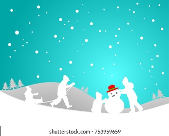 Merry Christmas Concept. Kids Playing Snowman Happily With Snow In Winter Season, Paper Art Vector And Illustration.