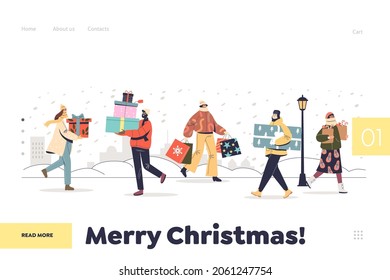 Merry christmas concept of landing page with people carrying gifts boxes for xmas preparing new year presents after shopping on seasonal sales and holiday discounts. Cartoon flat vector illustration