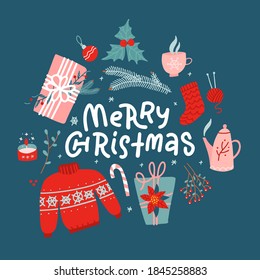 Merry Christmas concept. New Year's toys, gifts, sweater - top view and text. Postcard, banner, printed matter, greeting card. Flat vector design