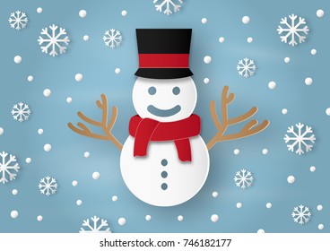 Merry Christmas concept of origami made snow man and snow flake on blue background. paper art design and craft style.