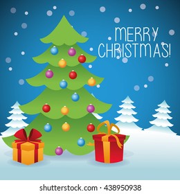 Merry Christmas concept with pine tree and gift  icon. vector gr