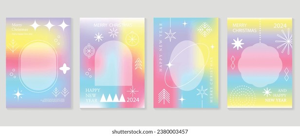 Merry christmas concept poster set. Cute gradient holographic background vector with vibrant color, pine, ball, sparkle, snowflakes. Art trendy wallpaper design for social media, card, banner, flyer.