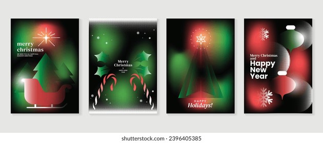 Merry christmas concept poster set. Cute gradient holographic background vector with vibrant color, christmas tree, candy cane. Art trendy wallpaper design for social media, card, banner, flyer.