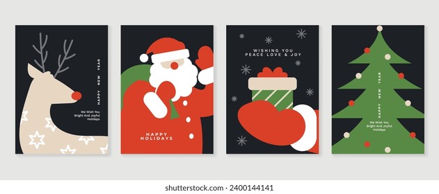 Juego de afiches de concepto de navidad. Vector de fondo holográfico de gradiente lindo con color vibrante, árbol de navidad, santa, reno. Diseño artístico de fondo de pantalla para medios sociales, tarjetas, pancartas, volantes.