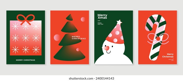 Juego de afiches de concepto de navidad. Vector de fondo holográfico de gradiente cúcido con color vibrante, árbol de navidad, muñeco de nieve. Diseño artístico de fondo de pantalla para medios sociales, tarjetas, pancartas, volantes.