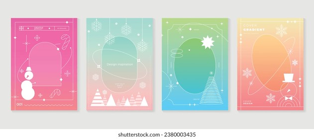 Merry christmas concept posters set. Cute gradient holographic background vector with pastel color, snowflakes, snowman, candy cane. Art trendy wallpaper design for social media, card, banner, flyer.