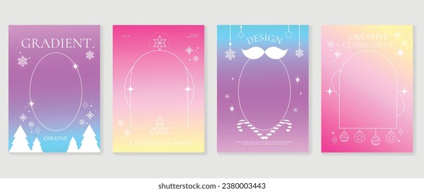 Merry christmas concept posters set. Cute gradient holographic background vector with vibrant color, snowfall, candy cane, pine. Art trendy wallpaper design for social media, card, banner, flyer.