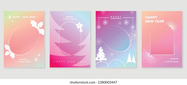 Merry christmas concept posters set. Cute gradient holographic background vector with pastel color, snowflakes, halftone texture. Art trendy wallpaper design for social media, card, banner, flyer.