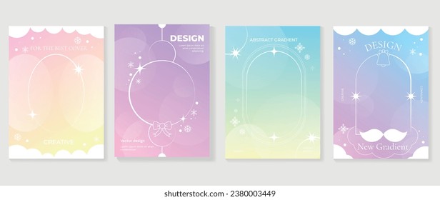 Merry christmas concept posters set. Cute gradient holographic background vector with pastel color, snowfall, santa, bell. Art trendy wallpaper design for social media, card, banner, flyer, brochure.