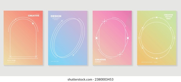 Merry christmas concept posters set. Cute gradient holographic background vector with pastel color, star, sparkle, border. Art trendy wallpaper design for social media, card, banner, flyer, brochure.