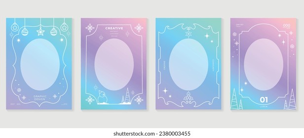 Merry christmas concept posters set. Cute gradient holographic background vector with pastel color, ball, snowman, pine, snowflake. Art trendy wallpaper design for social media, card, banner, flyer.
