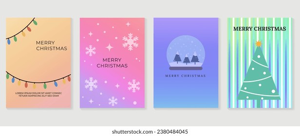 Afiches de concepto de navidad. Vector de fondo holográfico de gradiente con color vibrante, copos de nieve, pino, bola de cristal. Diseño artístico de fondo de pantalla para medios sociales, tarjetas, pancartas, volantes.