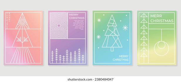 Merry christmas concept posters set. Cute gradient holographic background vector with vibrant color, snowflakes, pine, ball. Art trendy wallpaper design for social media, card, banner, flyer.