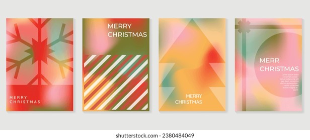 Afiches de concepto de navidad. Vector de fondo holográfico de gradiente suave con color pastel, copos de nieve, pino, regalo. Diseño artístico de fondo de pantalla para medios sociales, tarjetas, pancartas, volantes.