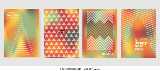 Merry christmas concept posters set. Cute gradient holographic background vector with vibrant color, christmas tree, geometric shape. Art trendy wallpaper design for social media, card, banner, flyer.