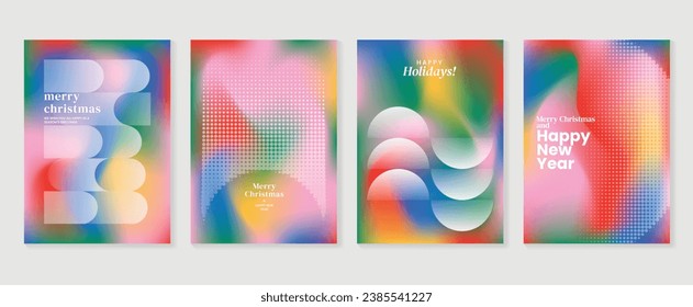 Merry christmas concept posters set. Cute gradient holographic background vector with vibrant color, geometric shape, halftone. Art trendy wallpaper design for social media, card, banner, flyer.