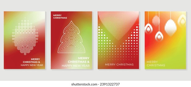 Merry christmas concept posters set. Cute gradient holographic background vector with vibrant color, christmas tree, bauble ball. Art trendy wallpaper design for social media, card, banner, flyer.