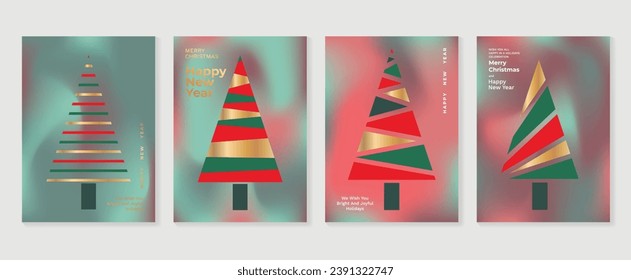 Merry christmas concept posters set. Cute gradient holographic background vector with vibrant color, christmas tree. Art trendy wallpaper design for social media, card, banner, flyer.